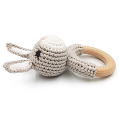Joliecraft gray bunny teething ring with soft rattle ready for baby use