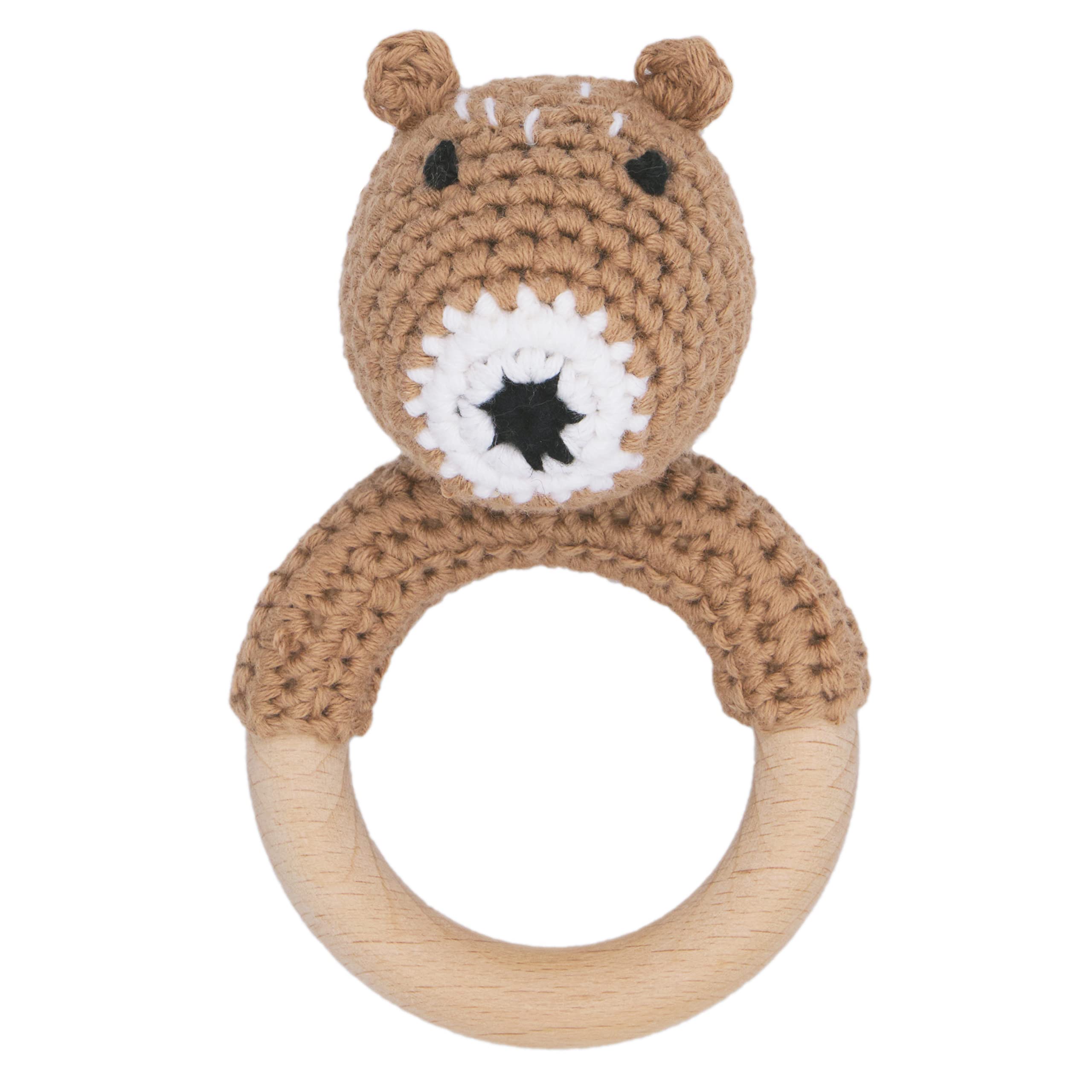 Joliecraft Woodland Bear teether closeup for soothing teething sessions.