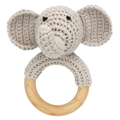 Joliecraft Woodland Friends gray elephant rattle showing soft cotton yarn texture for baby sensory play.