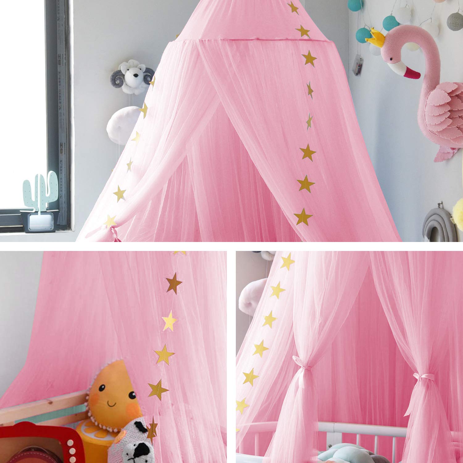 Jolitac Princess Bed Canopy starry-netting features decorative stars for imaginative space.