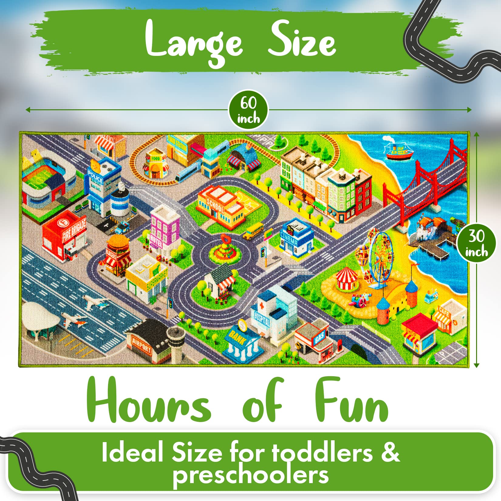 JollieJay City Life 3D Playmat city streets detail, helps develop coordination during imaginative play.