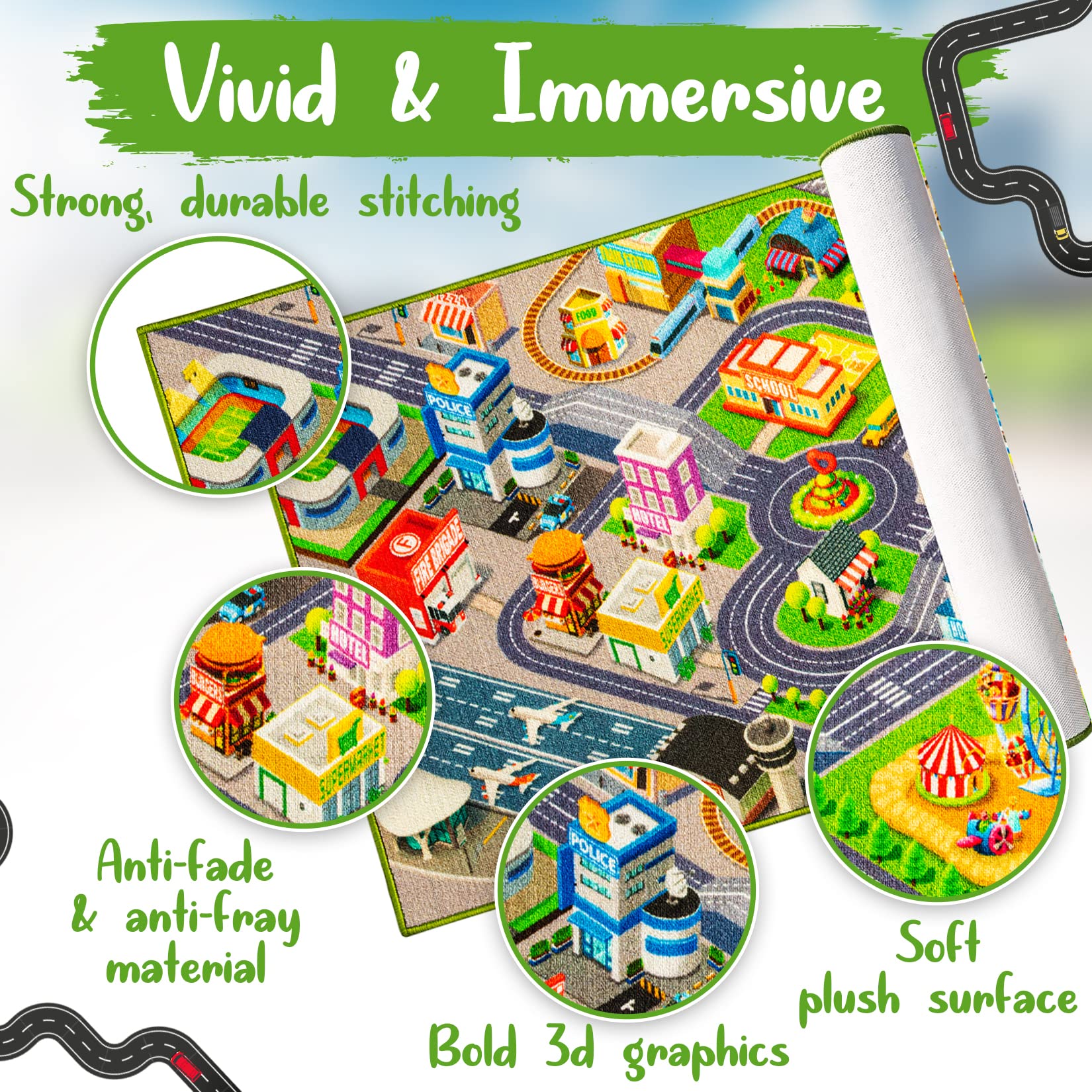 JollieJay City Life 3D Playmat kids playing, fosters fine motor skills and interactive storytelling.