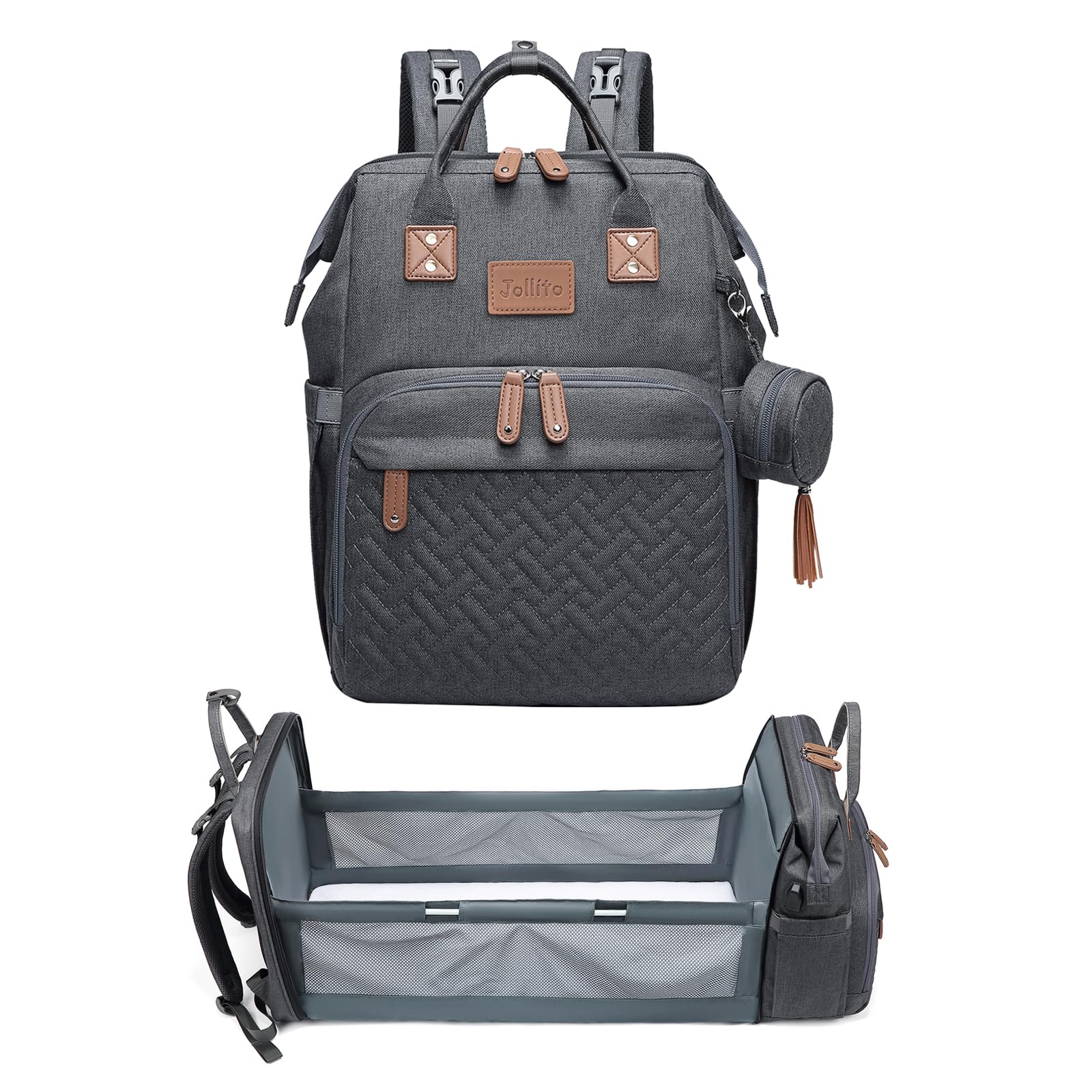 JOLLITO diaper bag backpack with changing station keeps diaper changes organized on the go.