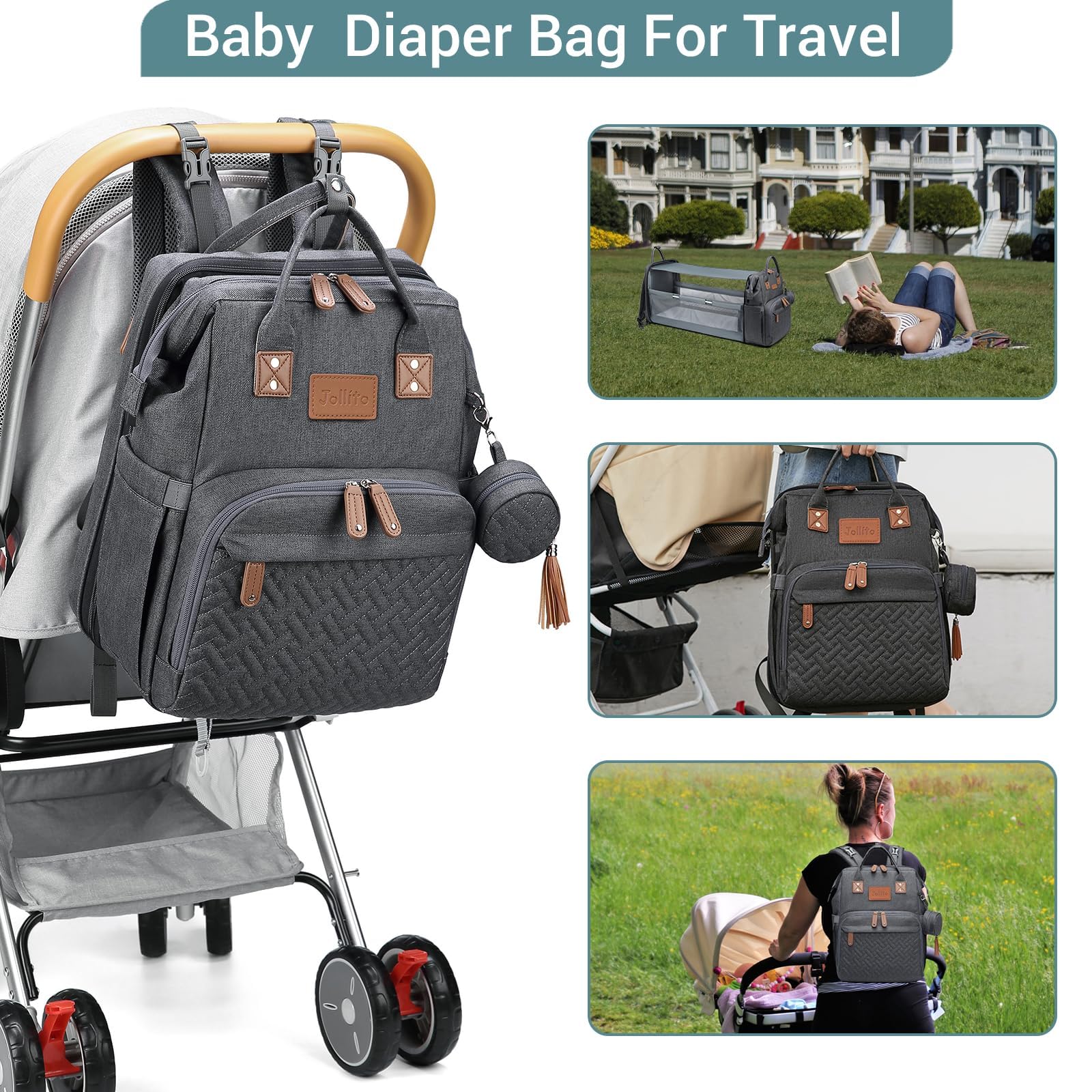 JOLLITO diaper bag backpack large capacity organizes diapers, wipes, and gear for busy parents.