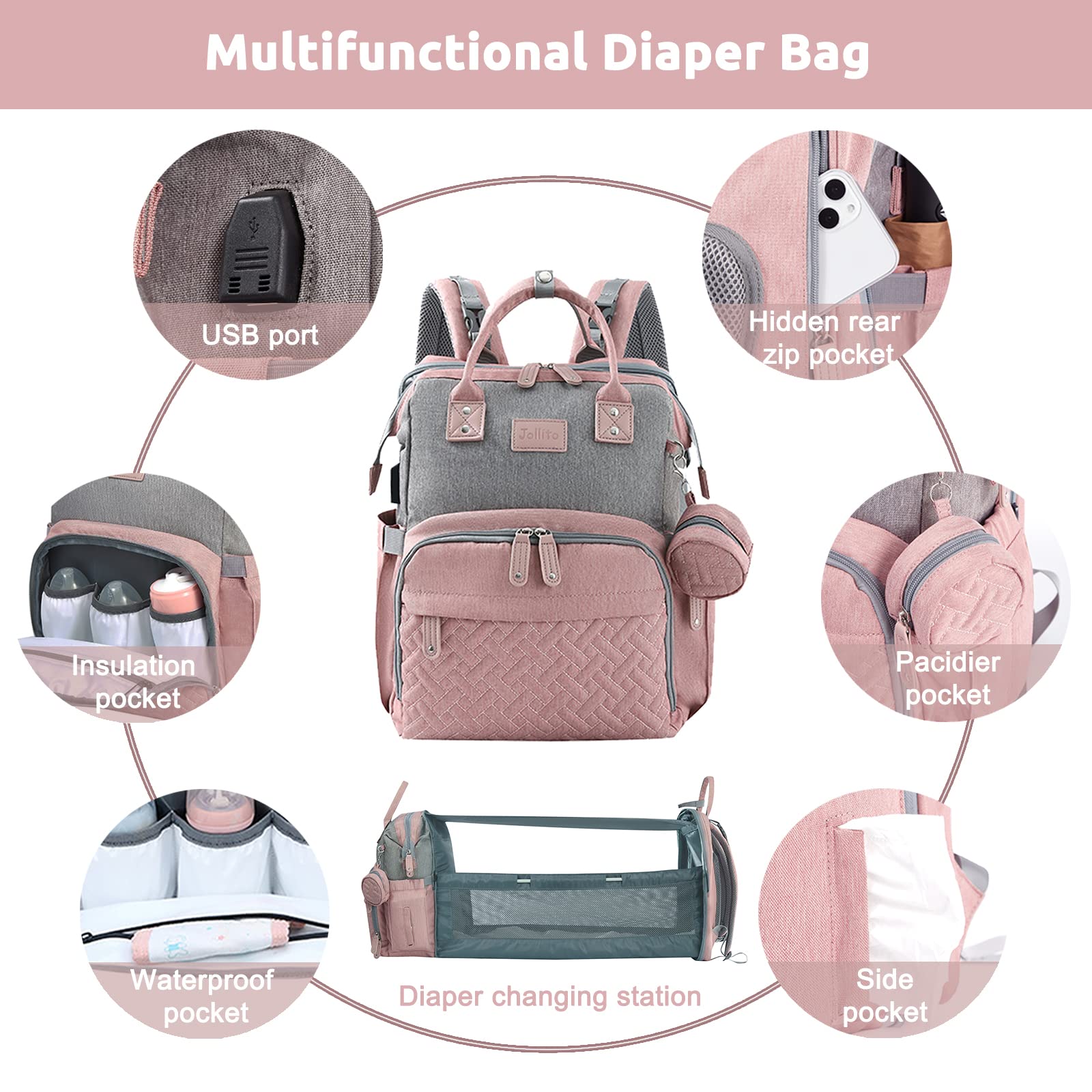 JOLLITO diaper bag backpack stroller-straps for hands-free mobility