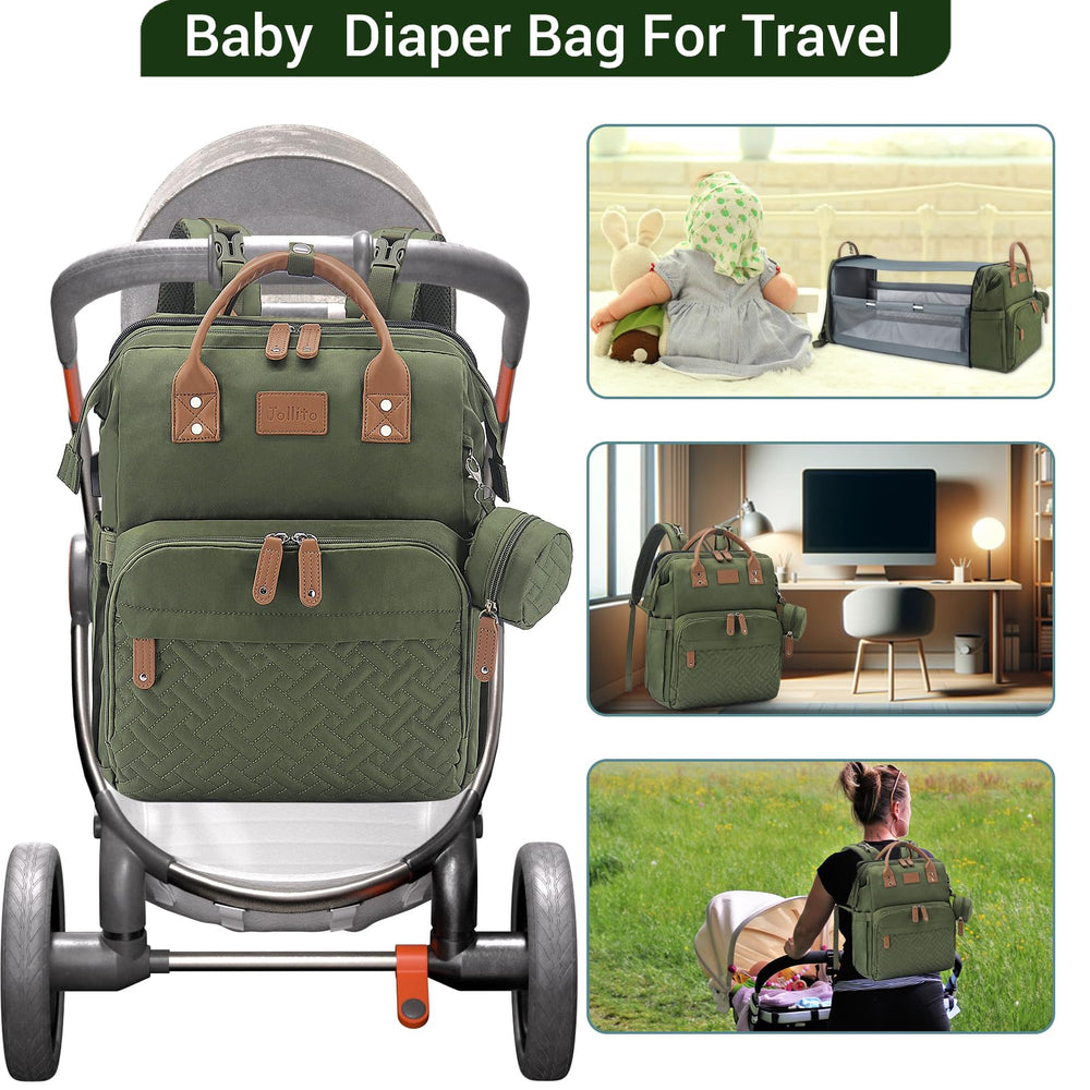 JOLLITO Diaper Bag Backpack travel straps allow secure attachment to strollers or luggage.