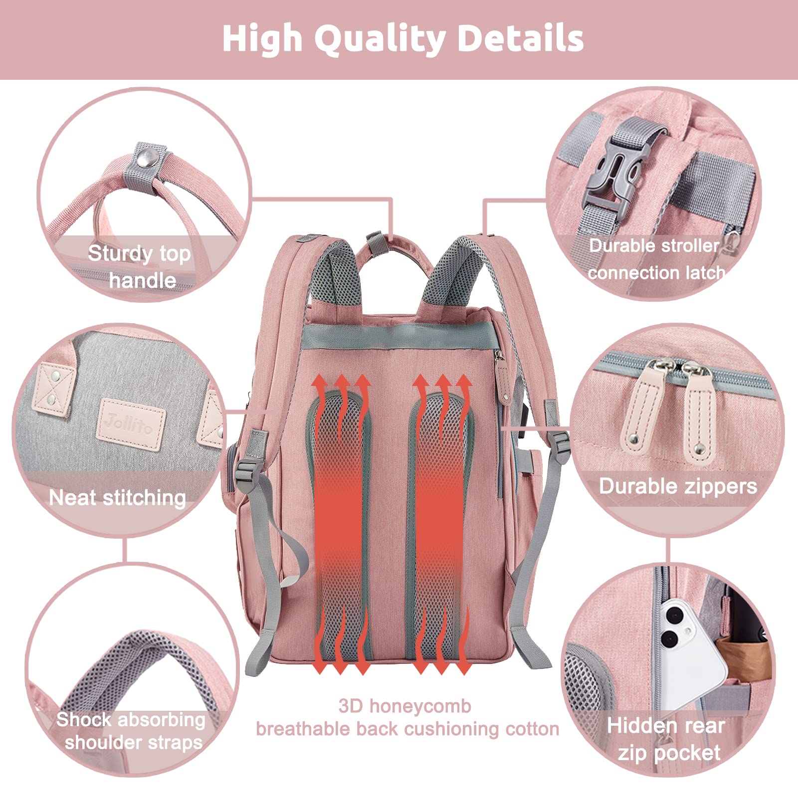 JOLLITO diaper bag backpack waterproof-fabric protects contents in any weather