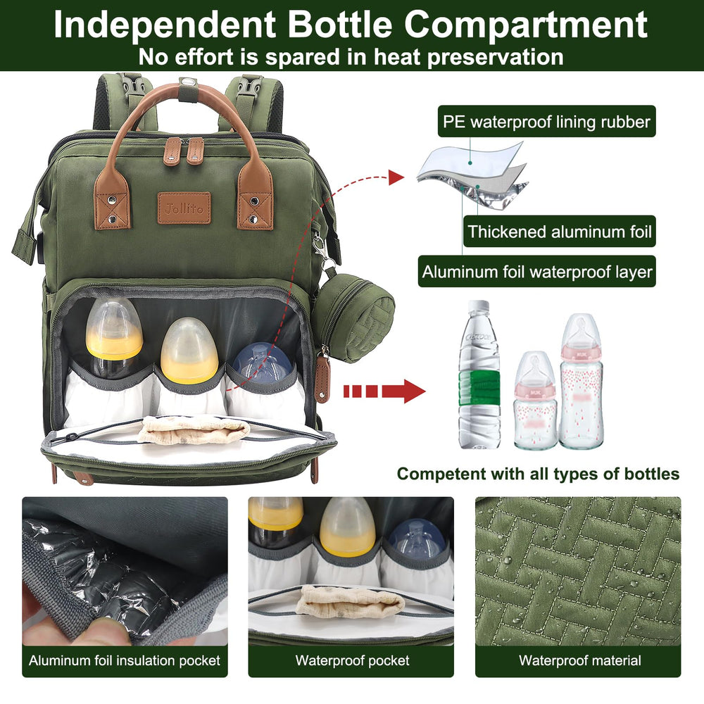 JOLLITO Diaper Bag Backpack waterproof fabric keeps contents protected in wet weather.