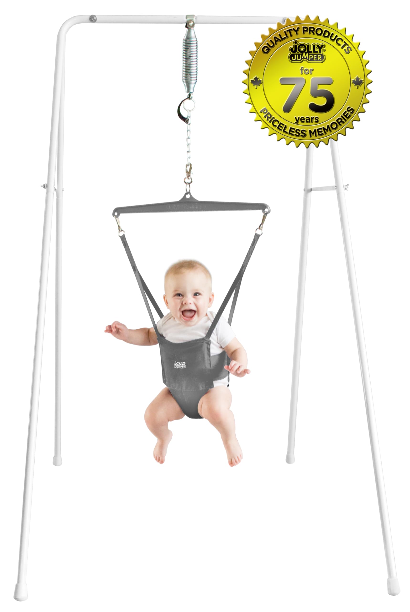 Jolly Jumper Classic Stand grey side view highlighting adjustable height for growing babies
