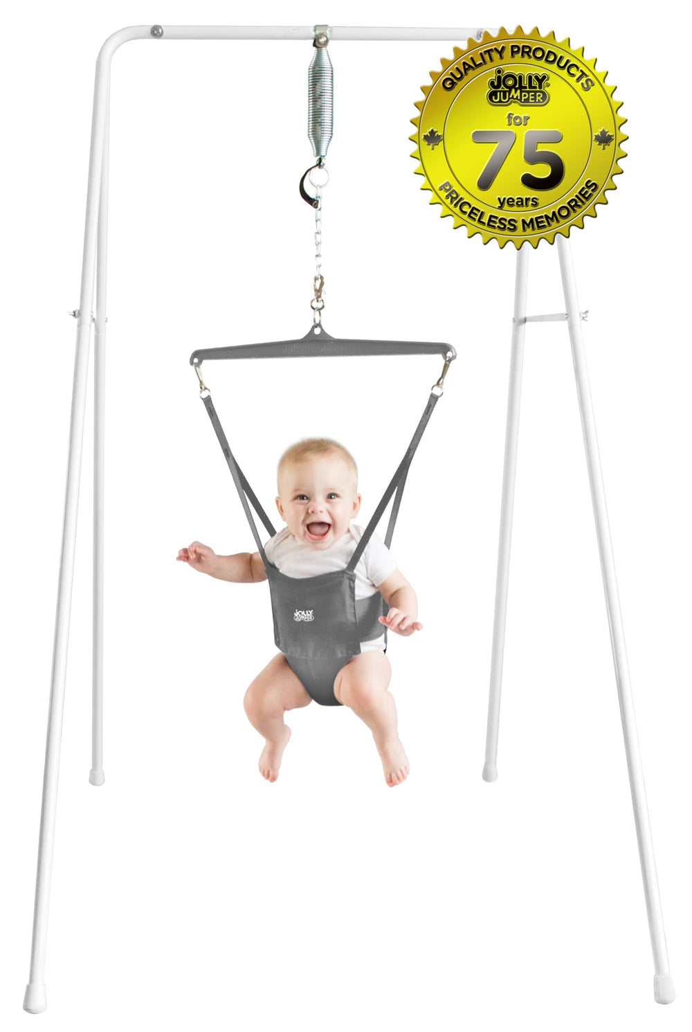 Jolly Jumper Classic Stand grey side view highlighting adjustable height for growing babies