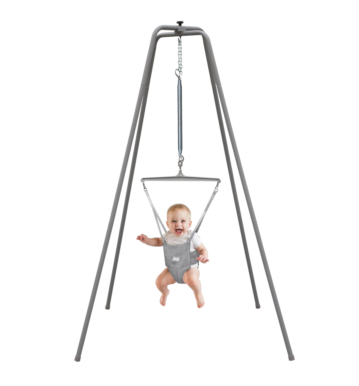 Jolly Jumper Elite grey stand assembly enables easy, tool-free setup indoors or outdoors.