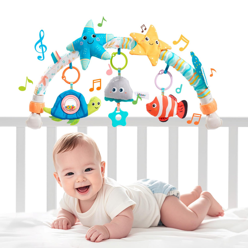Jollybaby Starfish musical bassinet clip-on arch demonstrates portable soothing for on-the-go babies