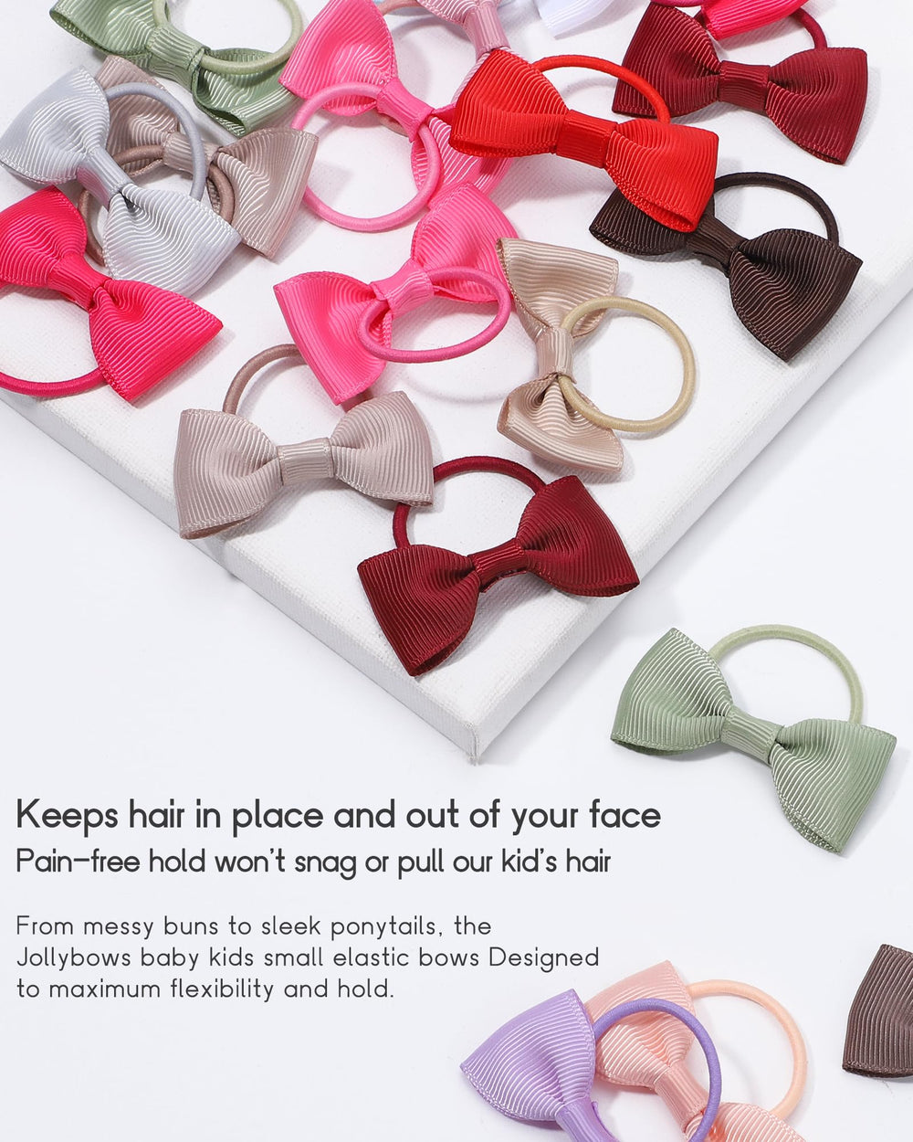 Jollybows 2-inch bows with stretchy elastic band for versatile sizing.