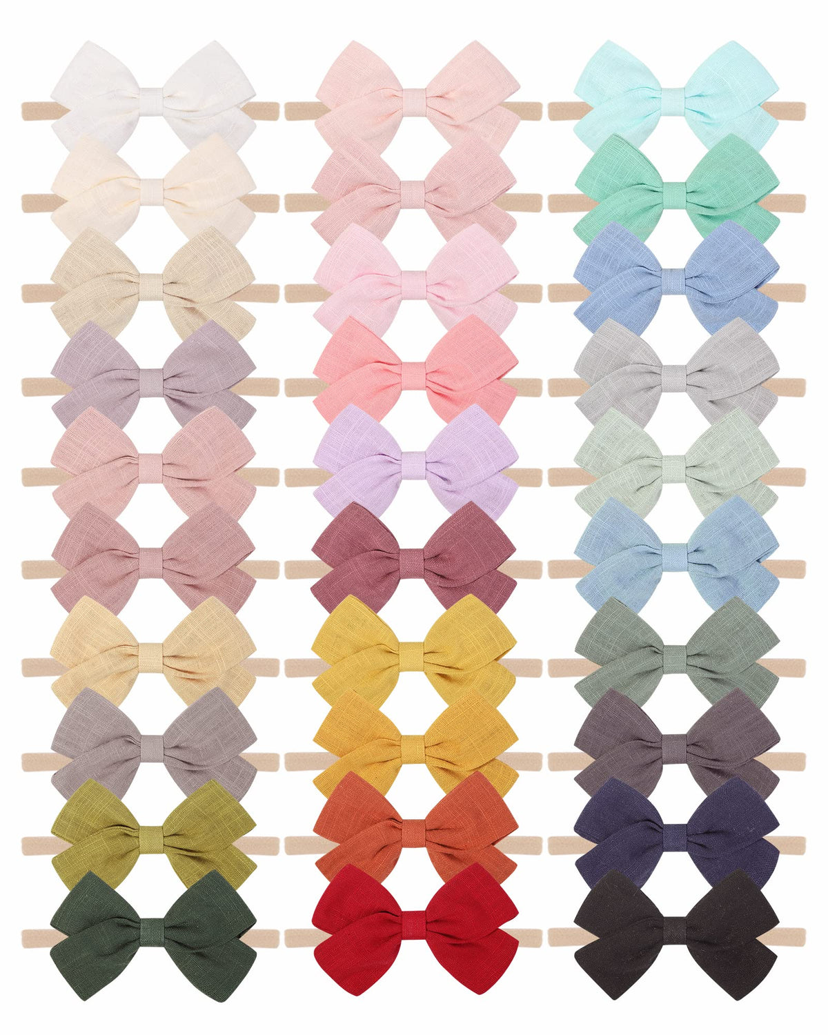 Jollybows 30pcs baby bows on linen headbands, gentle and breathable for delicate baby skin.