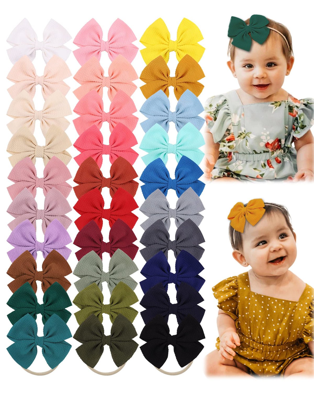 Jollybows 30pcs colorful baby bows on nylon headbands for versatile outfit matching.