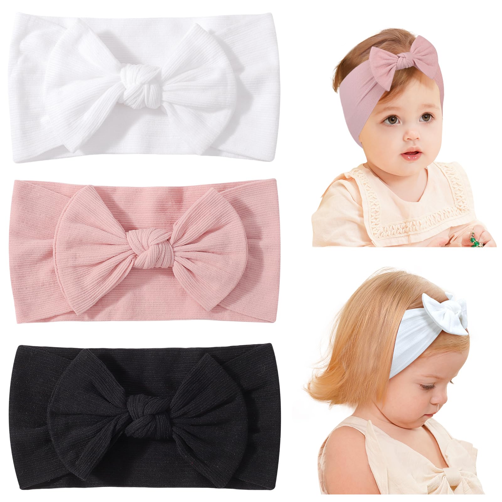 Jollybows 3PCS baby bows white bow showing soft stretch fit for comfort.