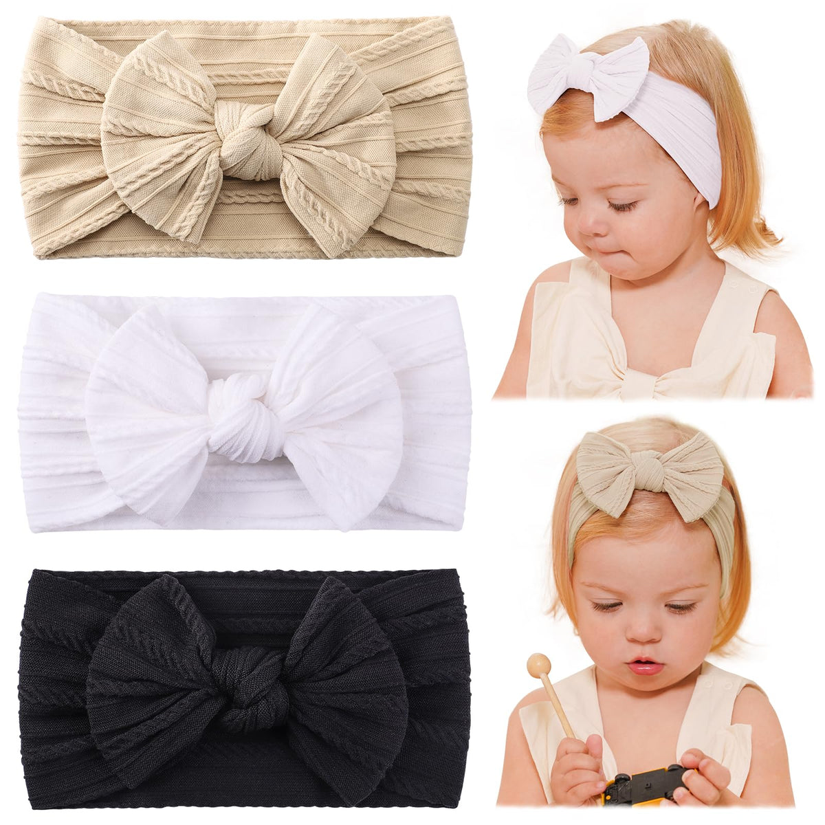 Jollybows baby headband black bow close-up shows soft nylon and gentle elasticity for daily wear.
