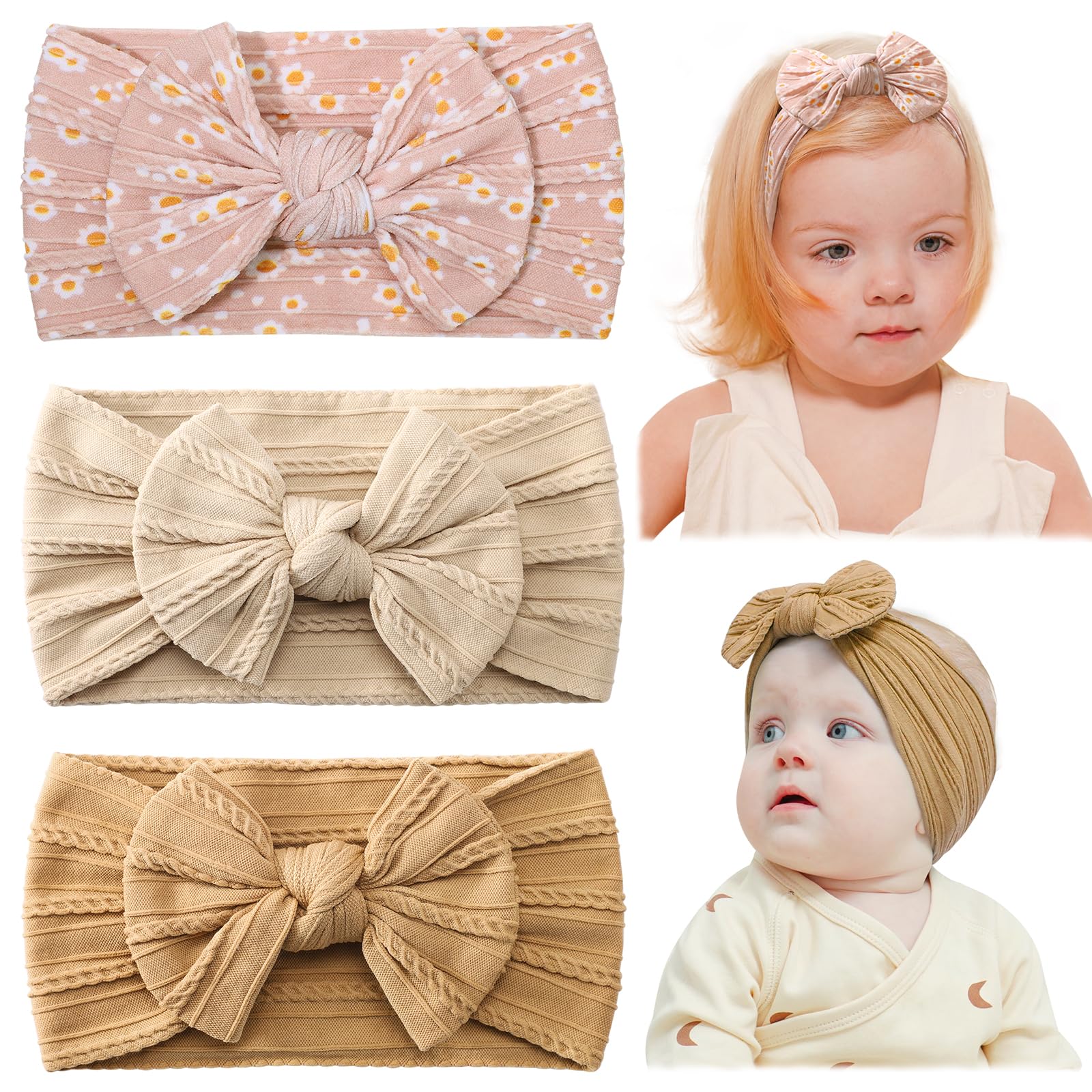 Jollybows baby headband ginger beige daisy front view keeps hair tidy for photos
