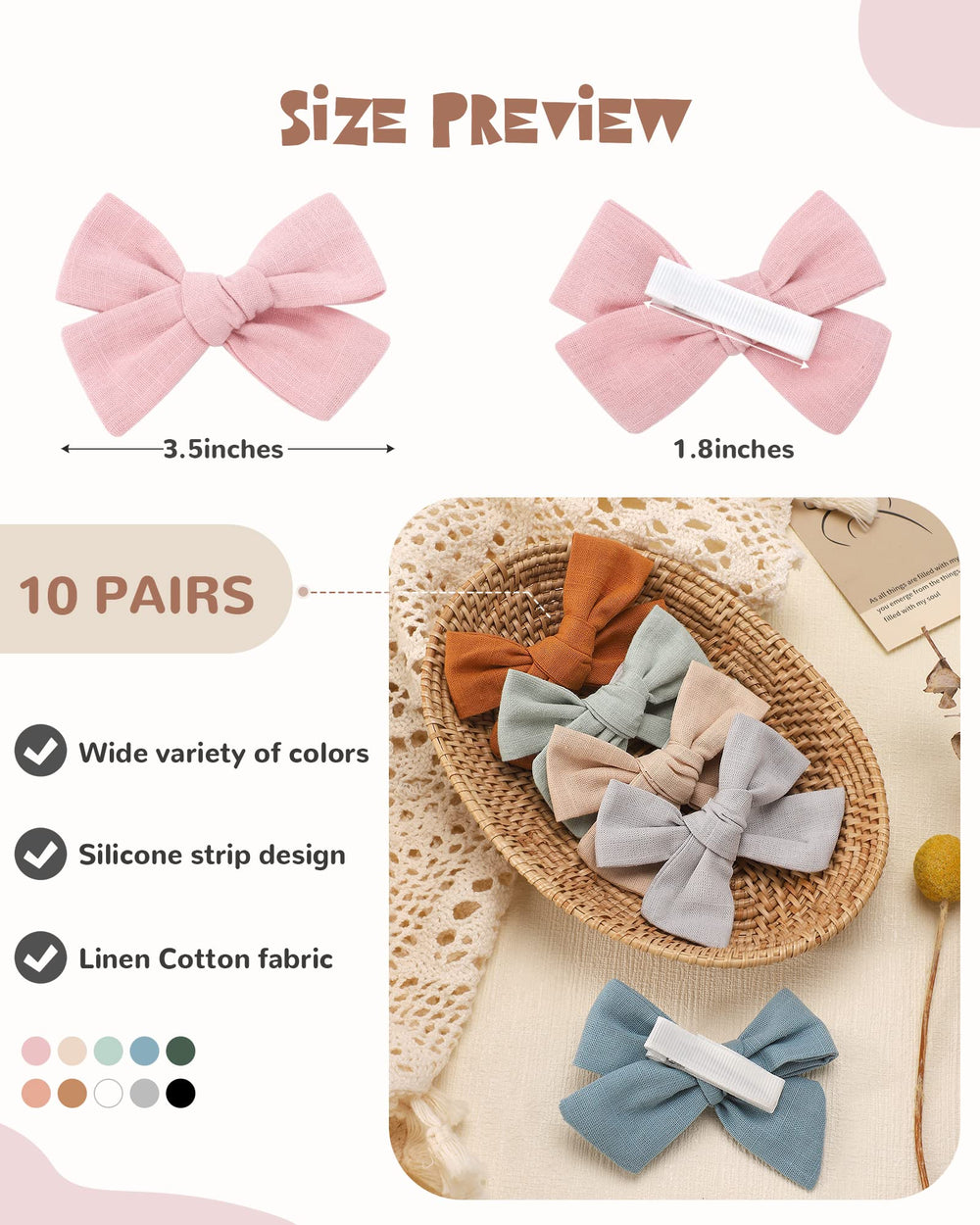 Jollybows cotton and linen bow close up shows soft fabric for gentle wear.