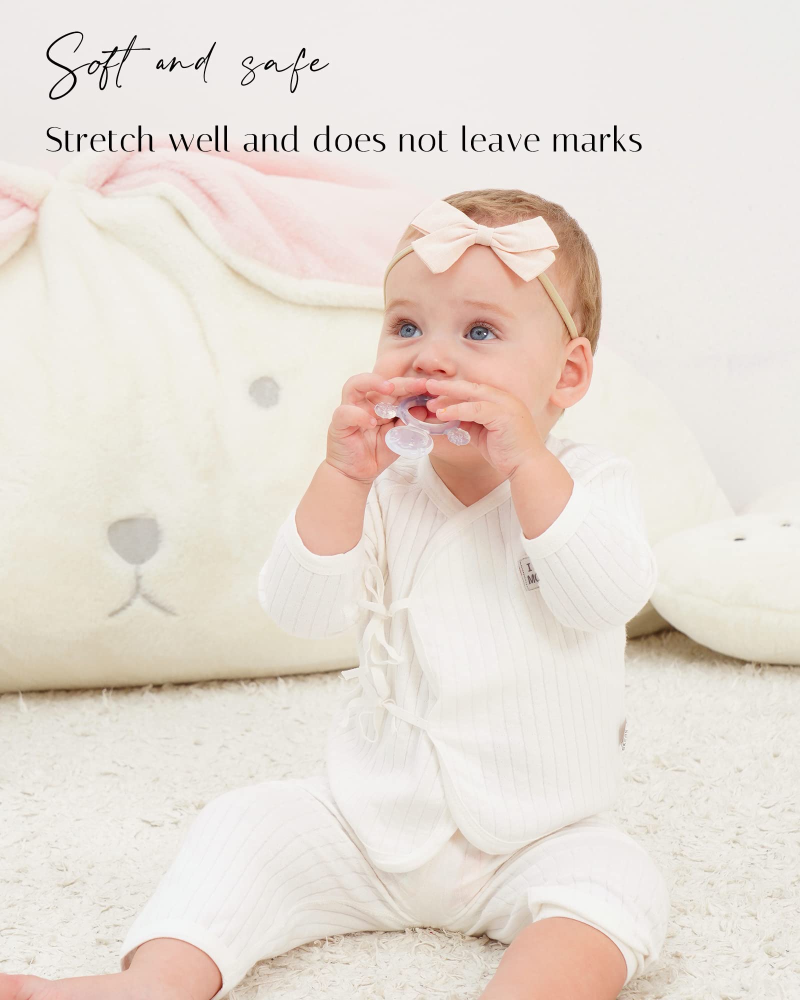 Jollybows headband on model demonstrates sizing from newborn to toddler.