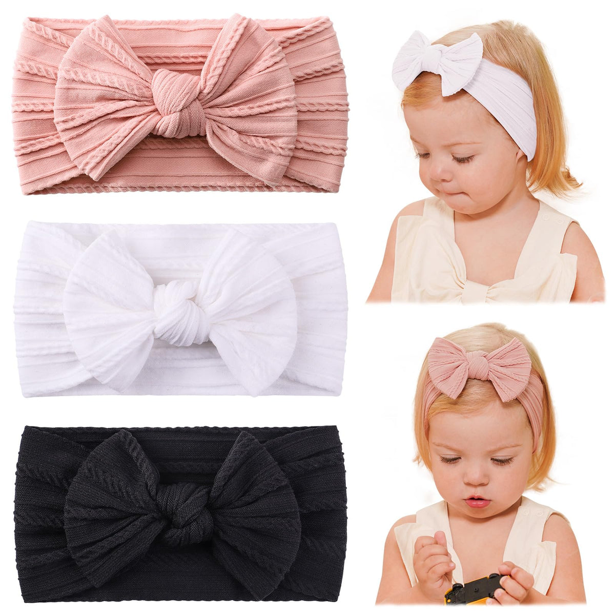 Jollybows black white pink pack headbands offer versatile color options for daily outfits.