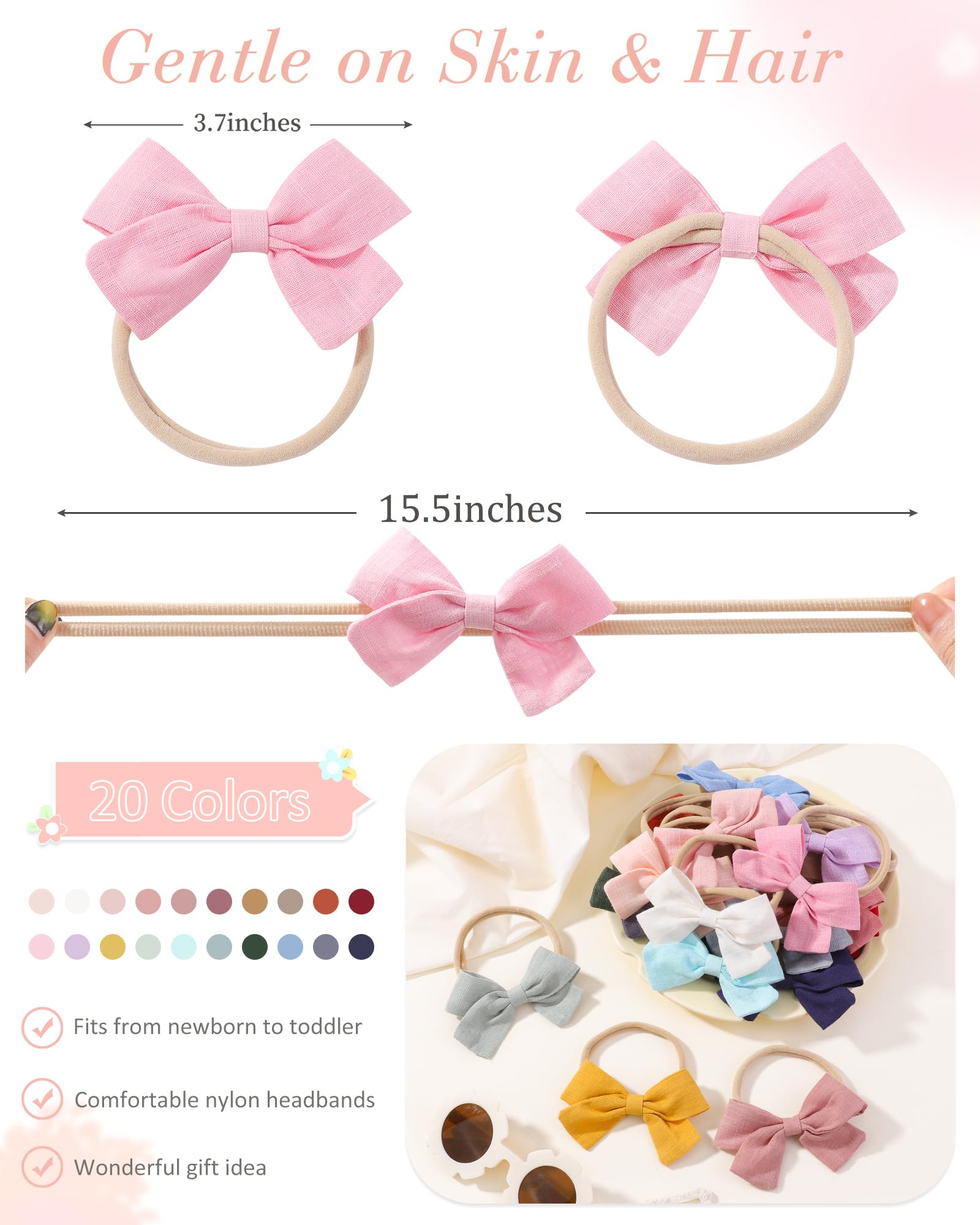 Jollybows linen bows on a gentle headband for delicate baby skin