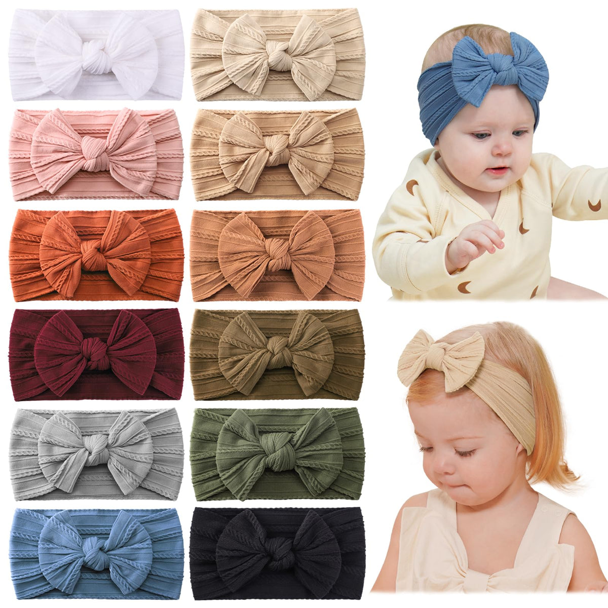 jollybows nylon headbands in a colorful 12-pack for baby outfits and photos.