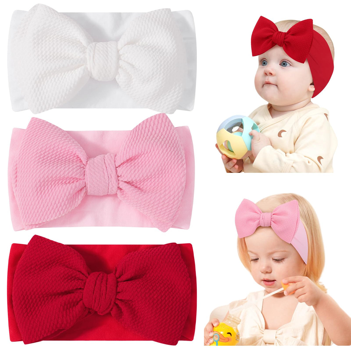 Jollybows three-pack headbands in white pink red offer versatile daily wear and color coordination.