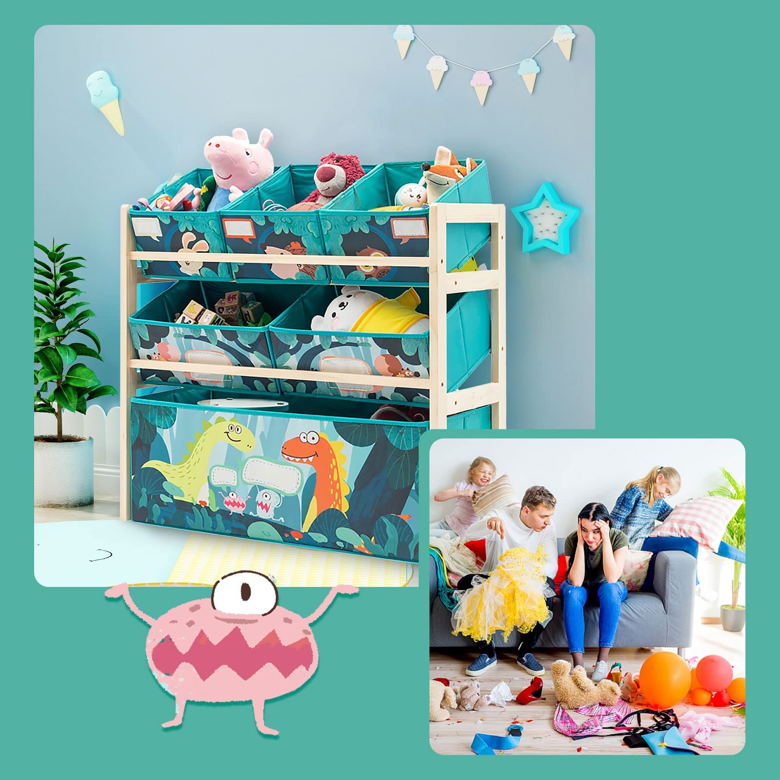 Jomifin Kids Toy Organizer green assembly guide shows easy setup for busy homes