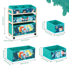 Jomifin toy storage cart with wheels enables easy movement around a playroom.