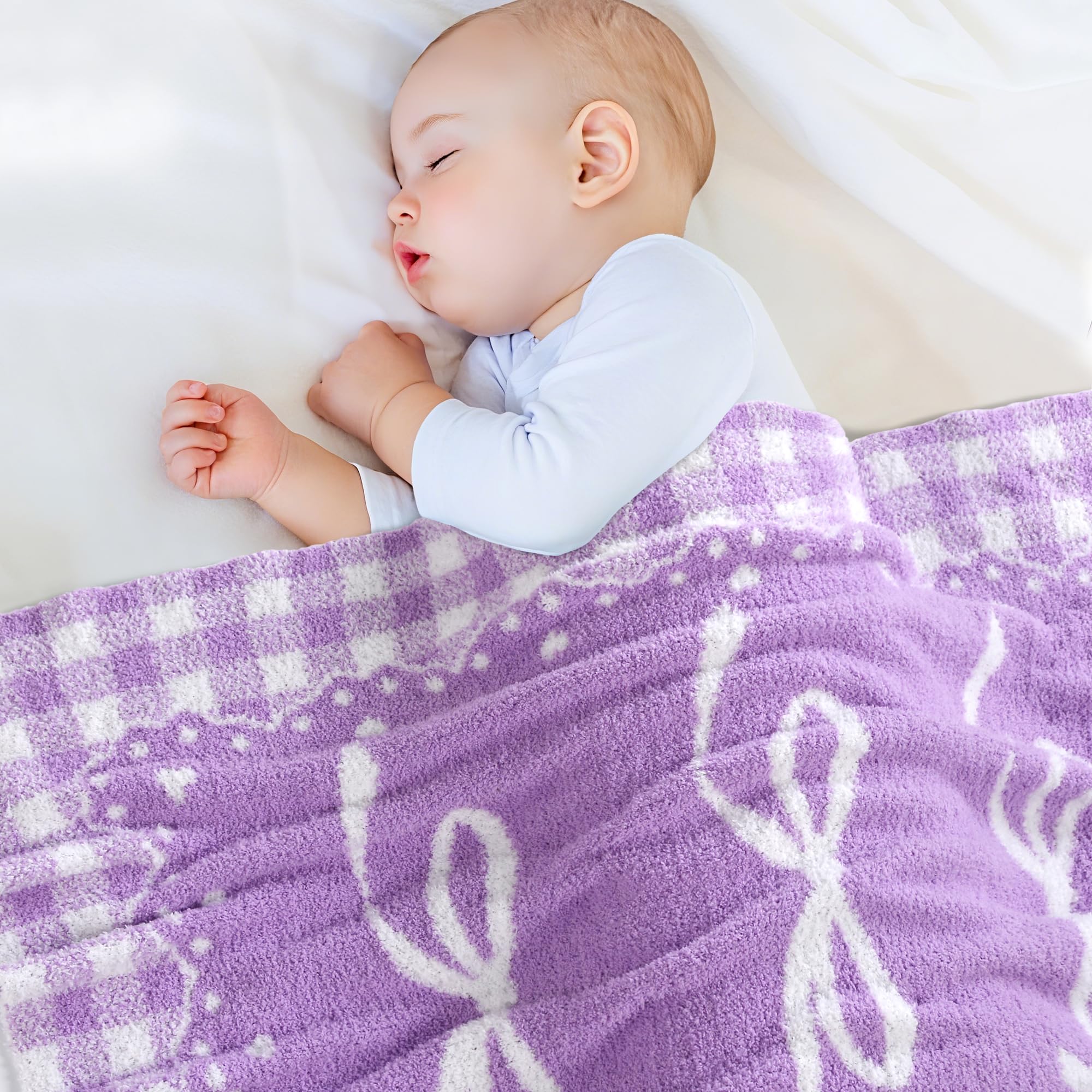 JOOJA Purple Bow Baby Blanket close-up emphasizes plush knit texture for cozy naps.