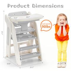 JooKiddie folded grey stool stores neatly when not in use