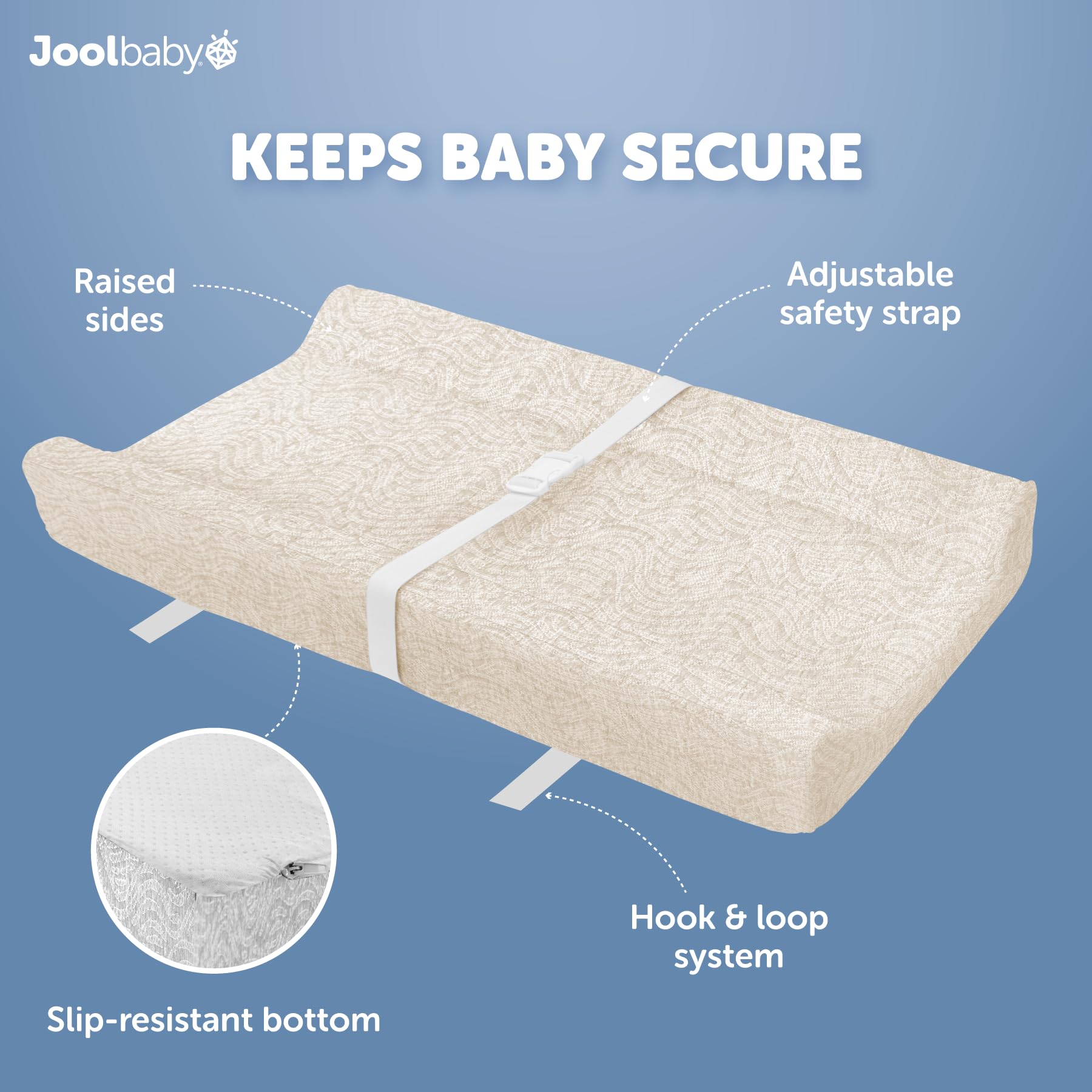 Jool Baby cover includes safety strap for extra security during diaper changes.
