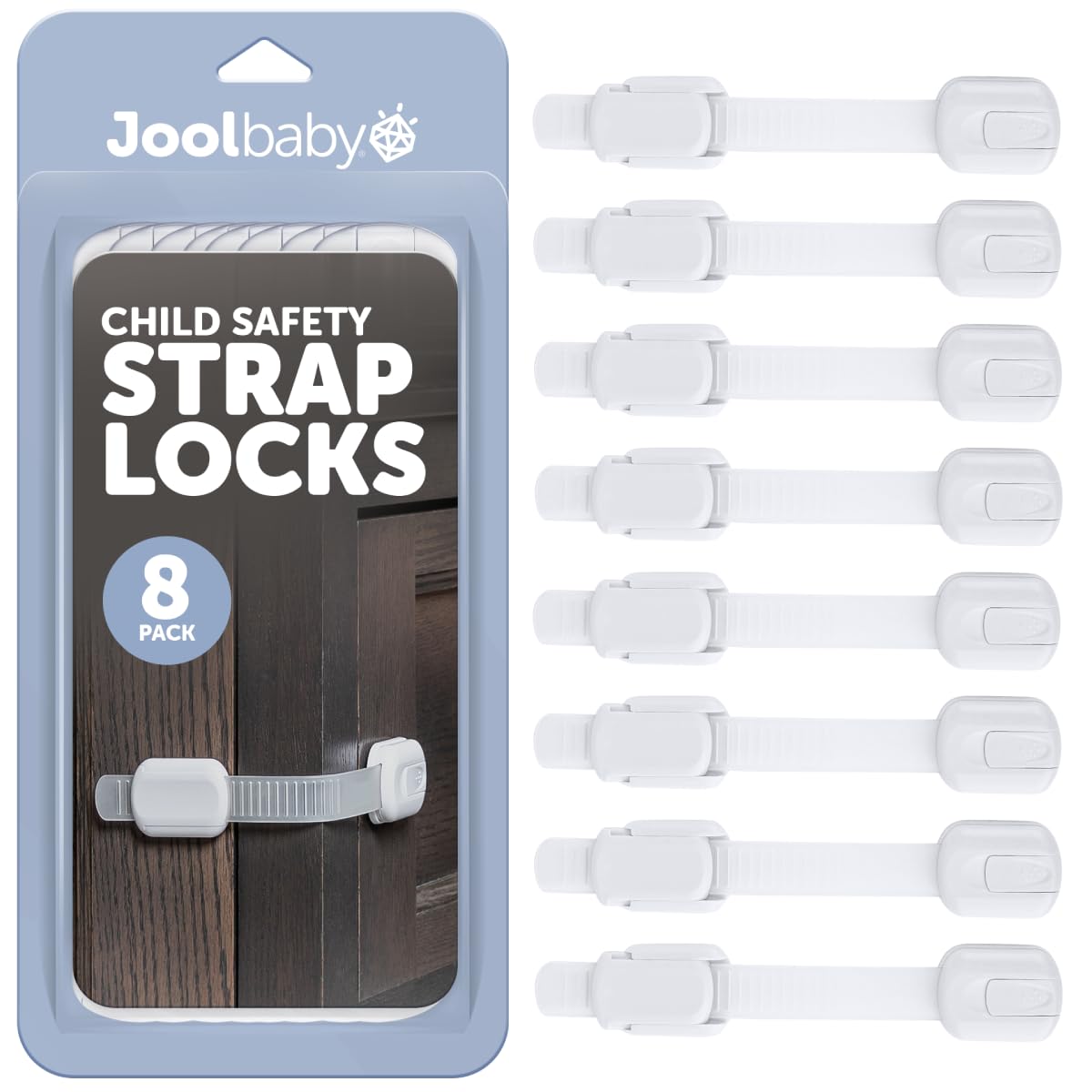 Jool Baby child safety locks pack close-up showing slim, adhesive-ready design for easy installation.