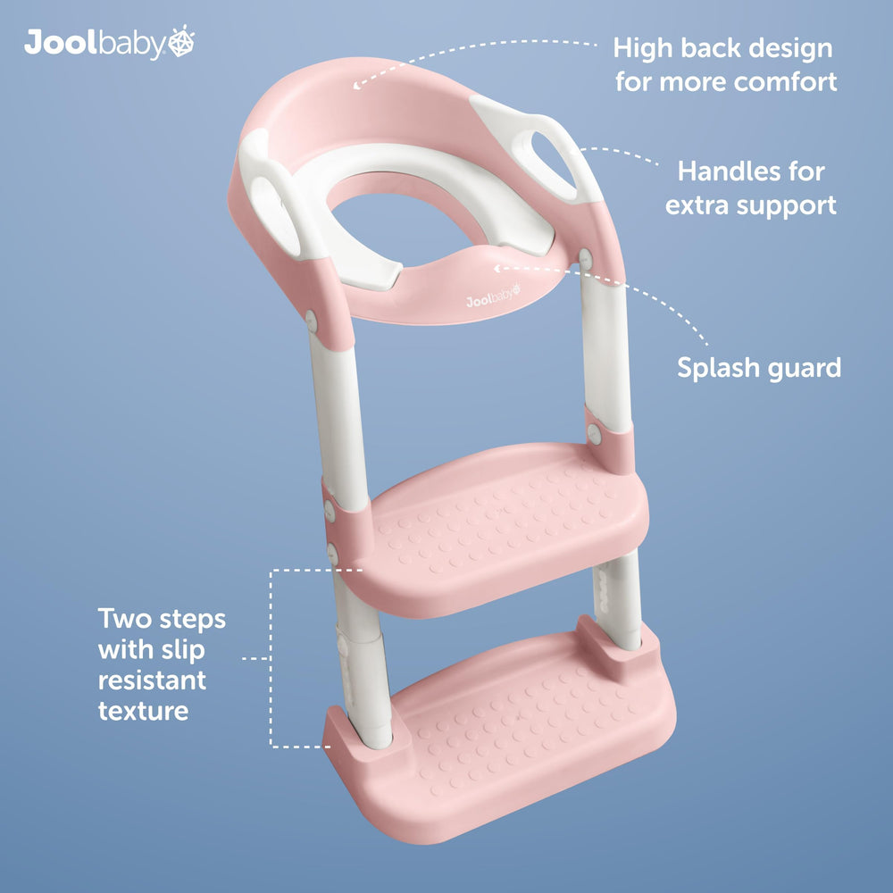 Jool Baby folding ladder stores compactly beside the toilet.
