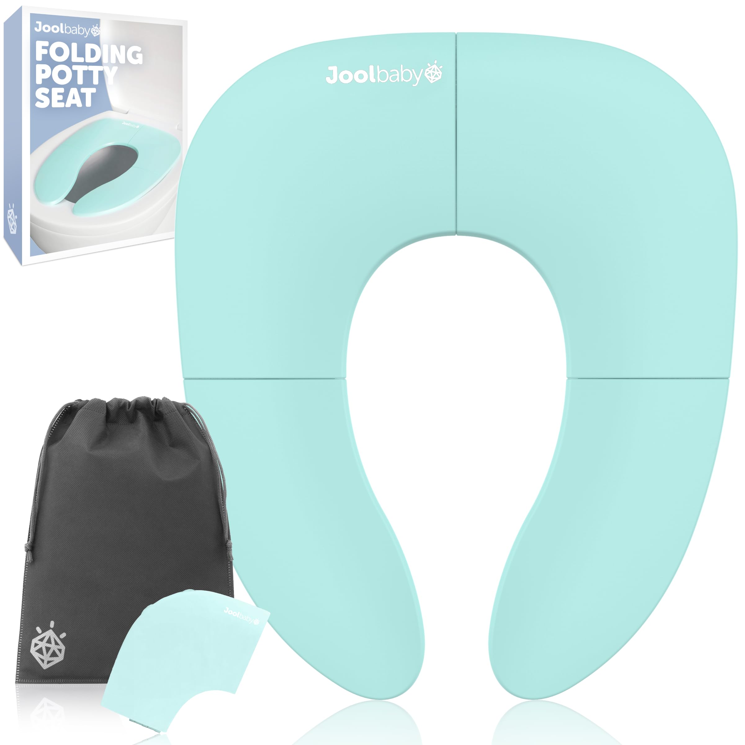 Jool Baby folding travel potty seat Aqua ready for on-toilet use with secure placement.