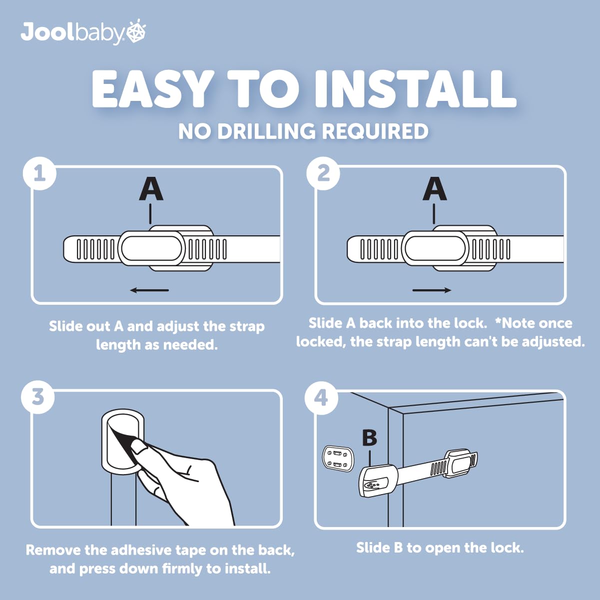 Jool Baby fridge lock secures food areas for family-friendly organization.