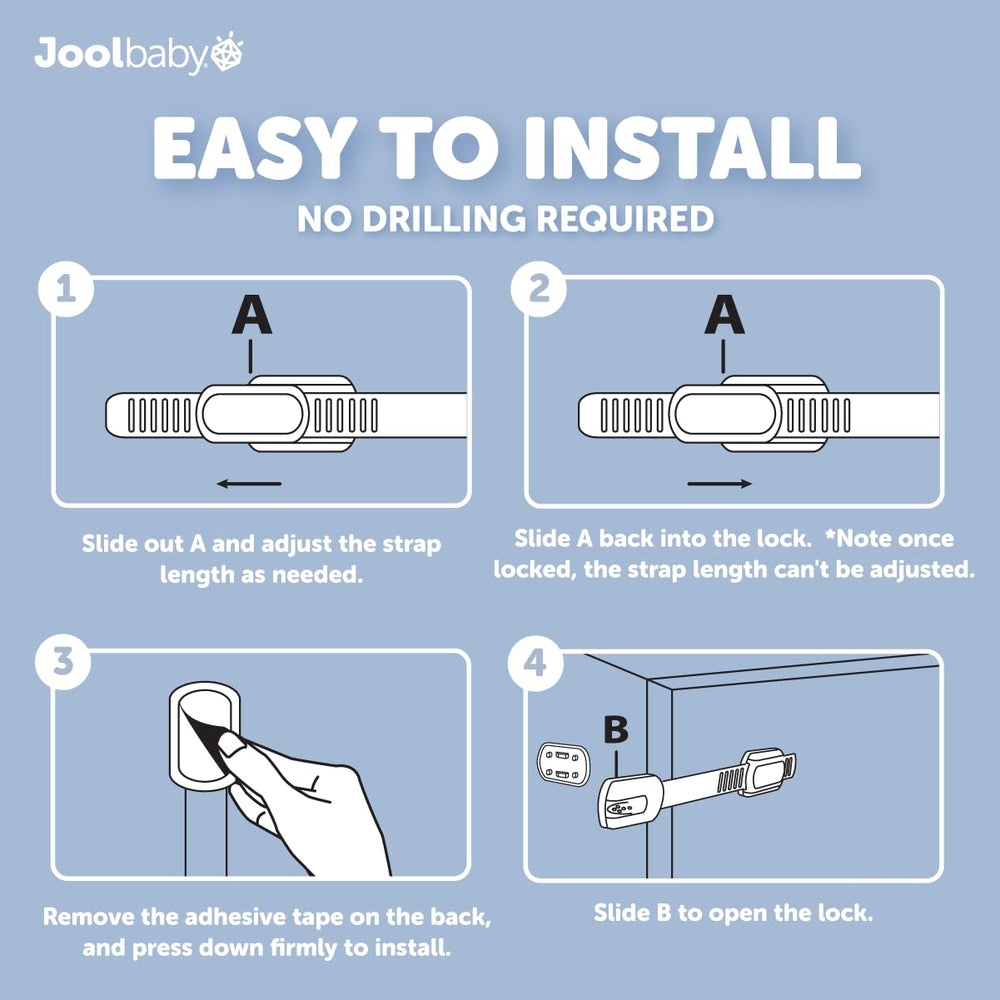 Jool Baby fridge lock secures food areas for family-friendly organization.