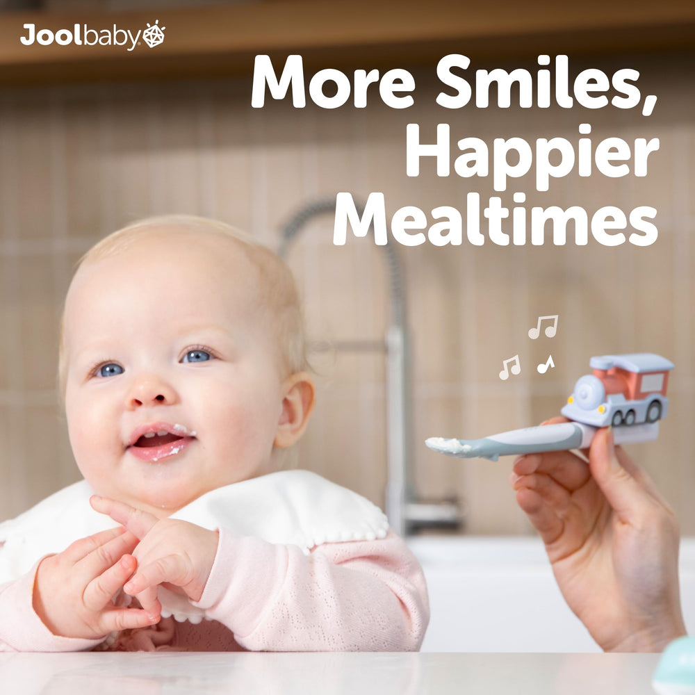 Jool Baby Musical Spoons collection showing compatibility with Car, Train, Plane & Bus.
