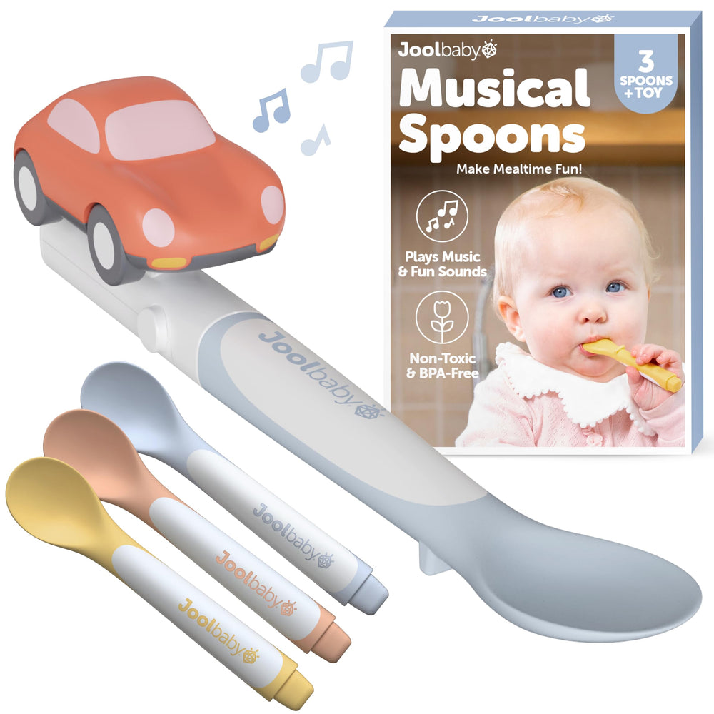 Jool Baby Musical Spoons trio with car attachment for interactive feeding.