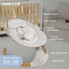 Jool Baby Nova Nature Swing supports a calm baby resting in the swing seat.