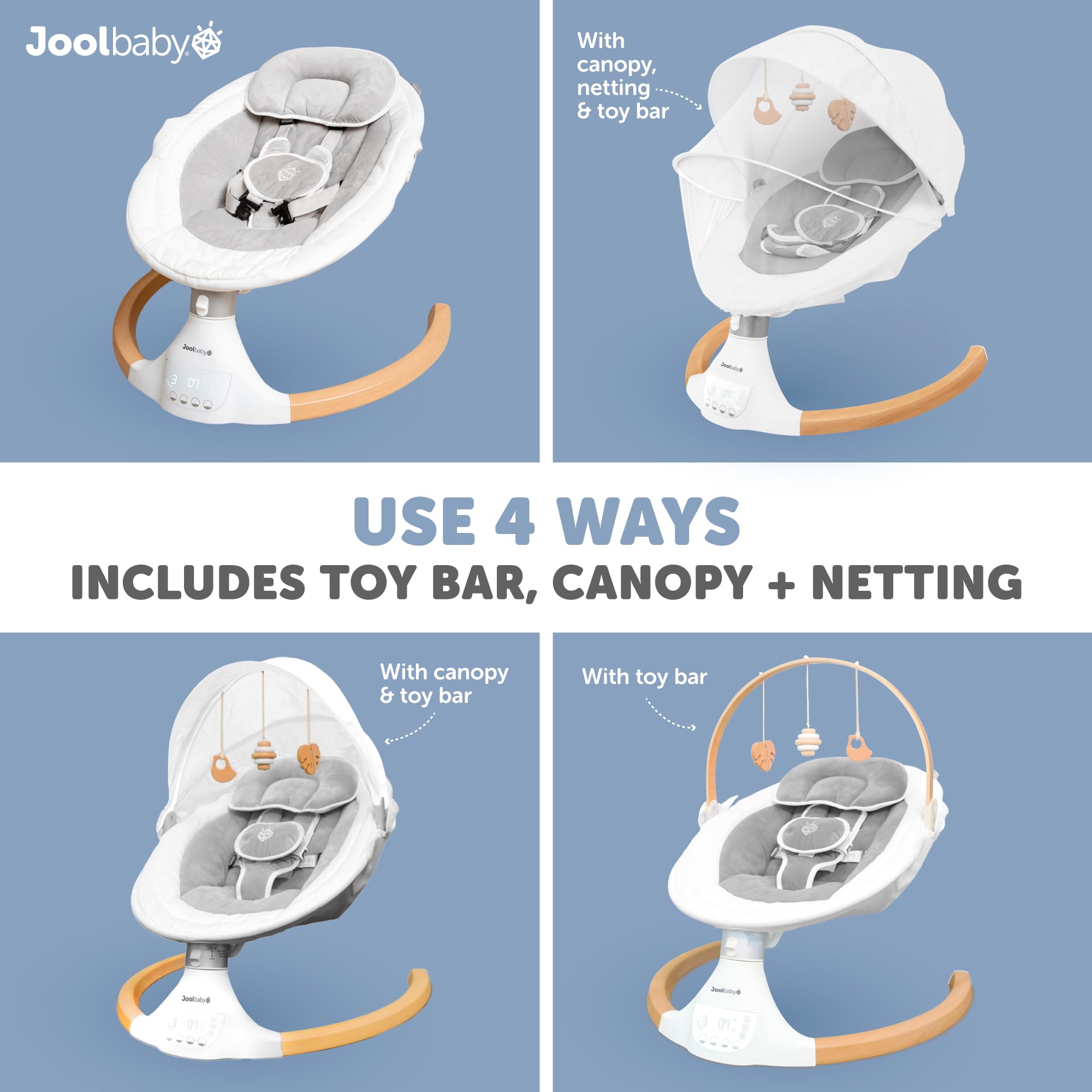 Jool Baby Nova Nature Swing folded for compact storage and portability in gray