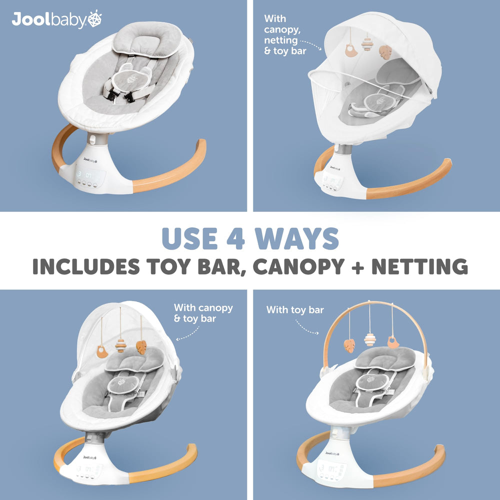 Jool Baby Nova Nature Swing folded for compact storage and portability in gray