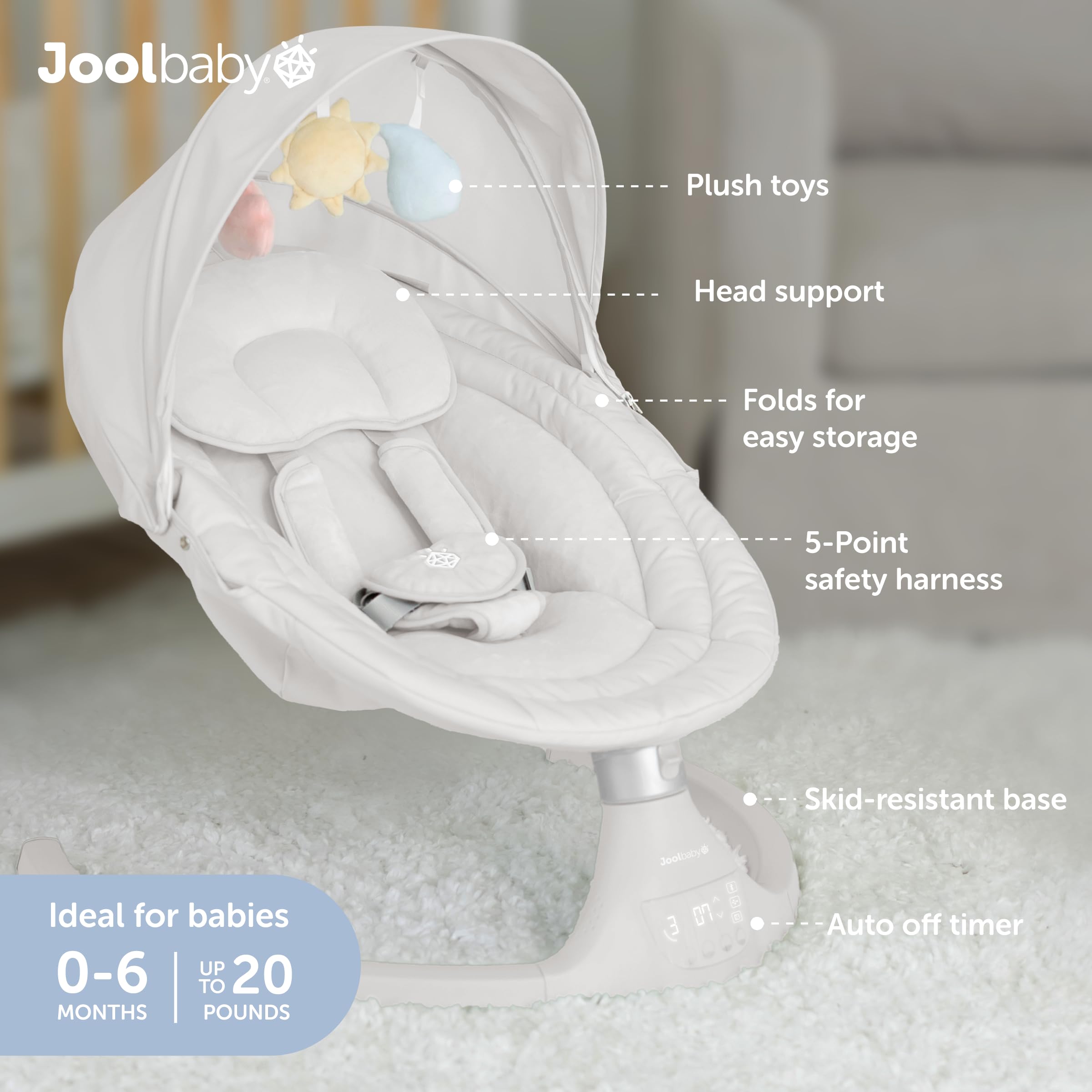 Jool Baby Nova Swing Stone Bluetooth speaker, plays gentle tunes for baby relaxation