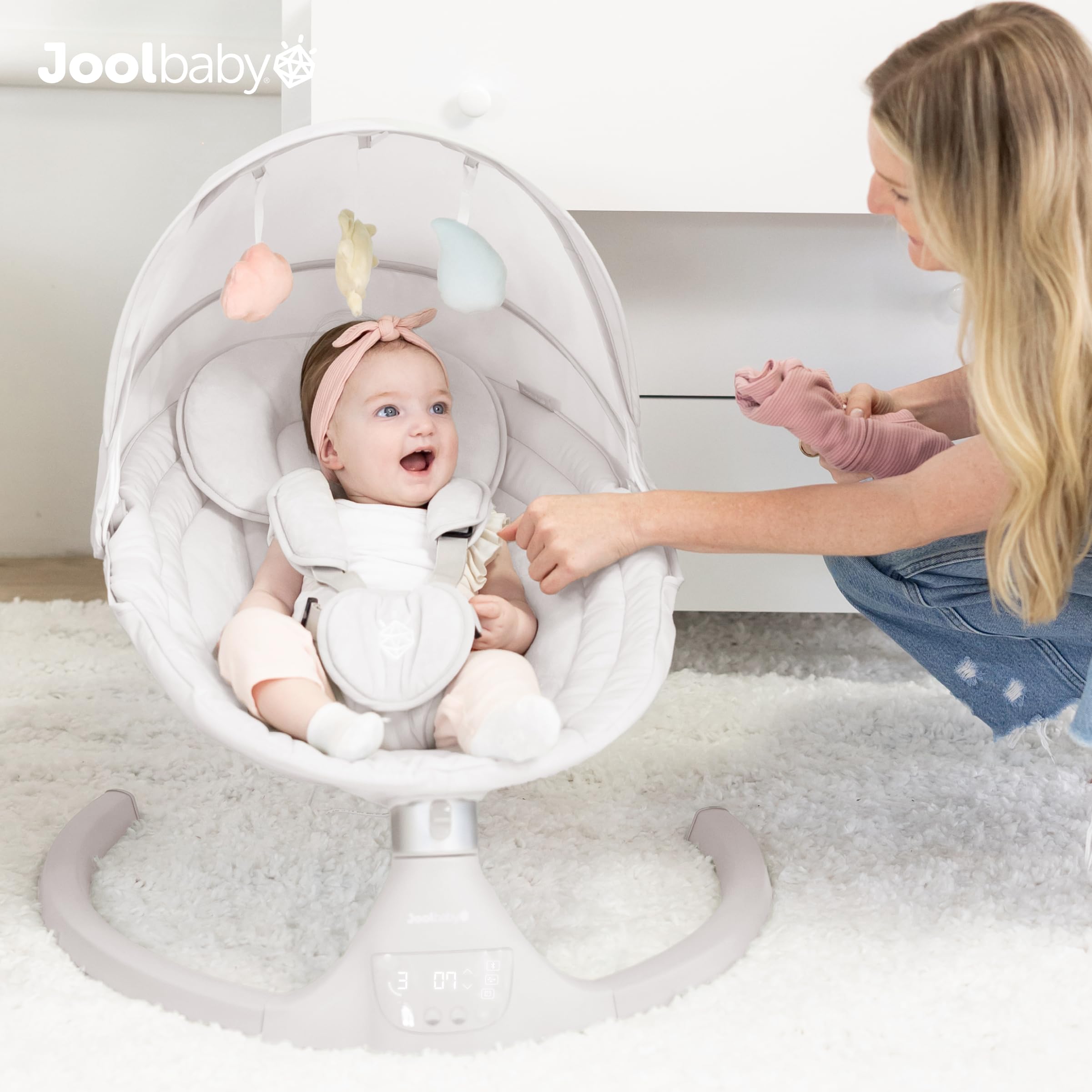 Jool Baby Nova Swing Stone in-use, soothing motion and music for transitions