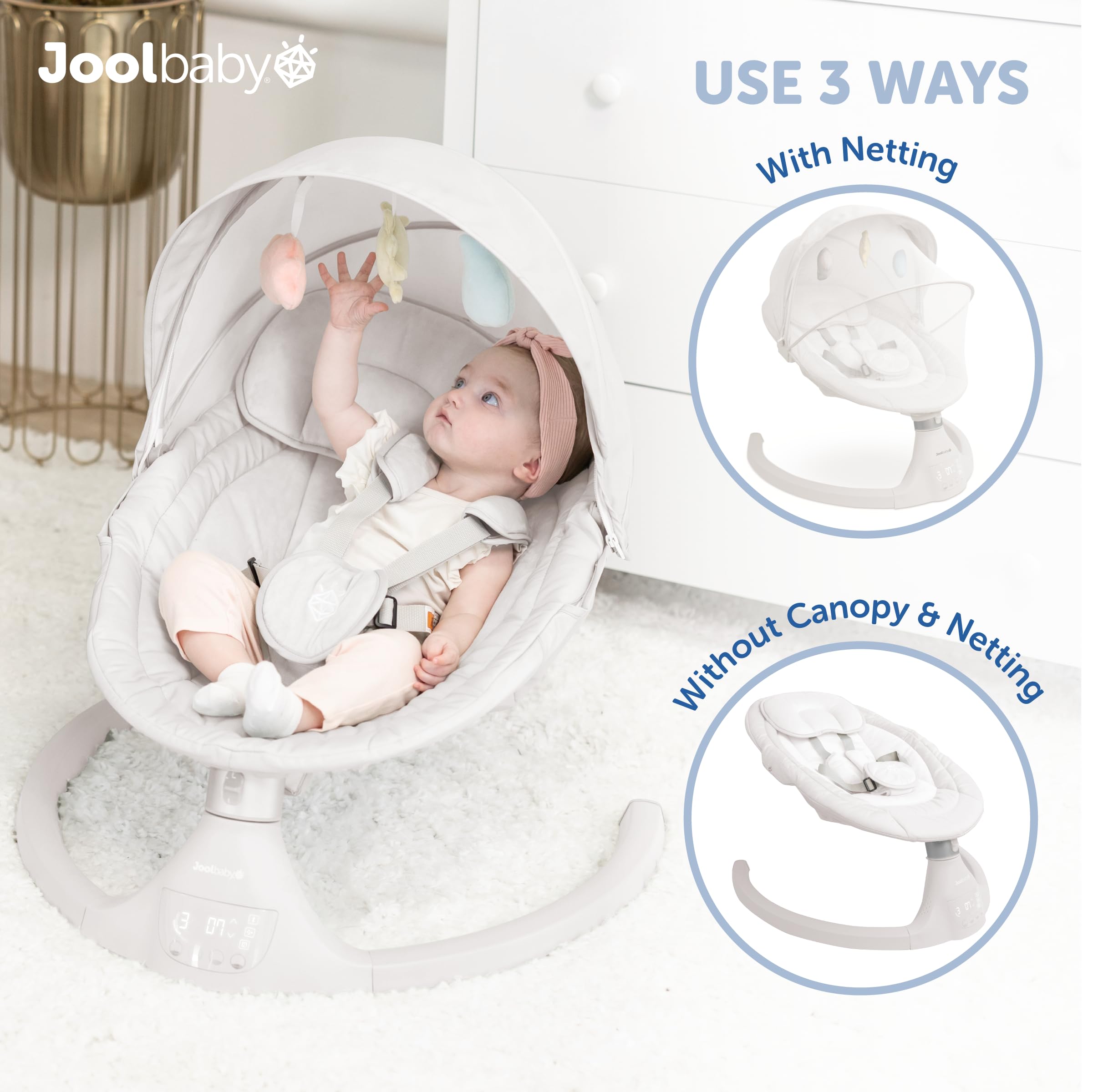 Jool Baby Nova Swing Stone removable canopy provides shade outdoors