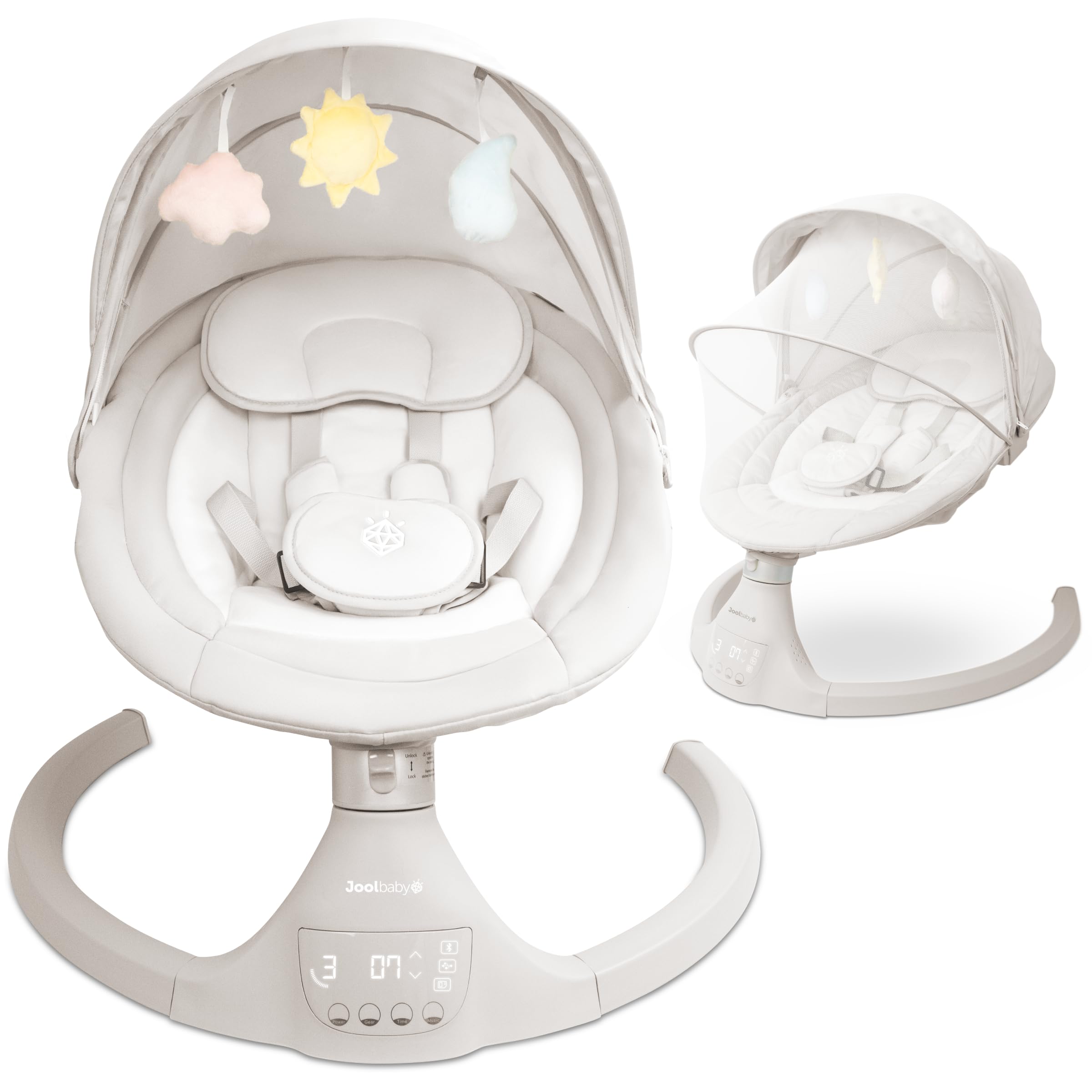 Jool Baby Nova Swing Stone side view, compact setup fits small nurseries for newborns