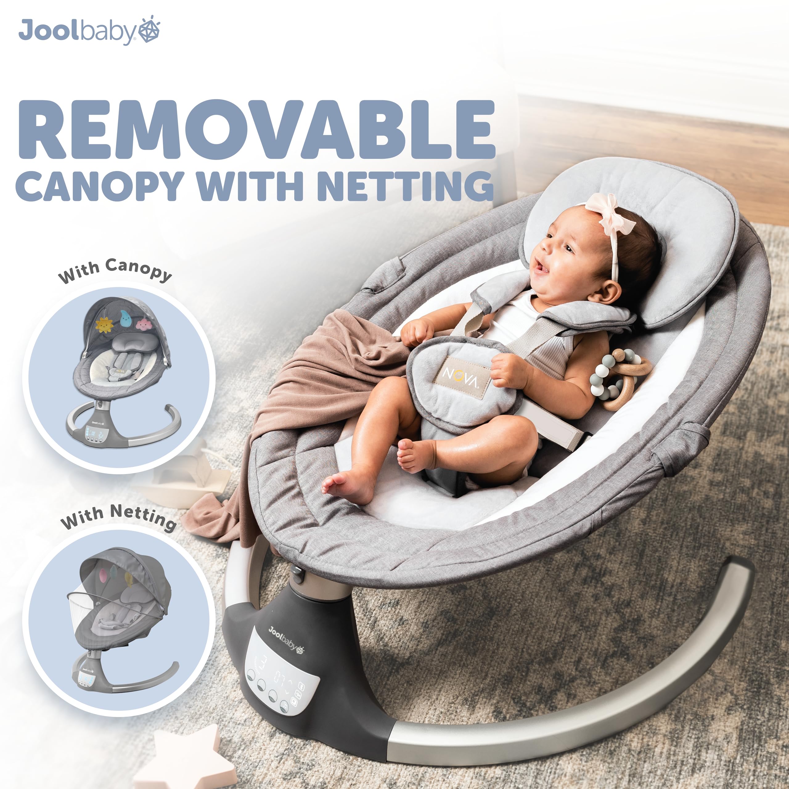 Jool Baby Nova swing removable canopy provides shade for daytime naps