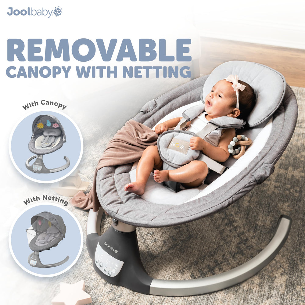 Jool Baby Nova swing removable canopy provides shade for daytime naps