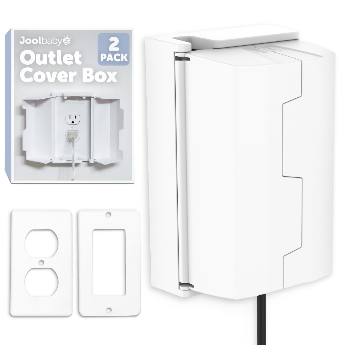 Jool Baby outlet cover box 2-pack keeps cords tucked away for safer rooms.